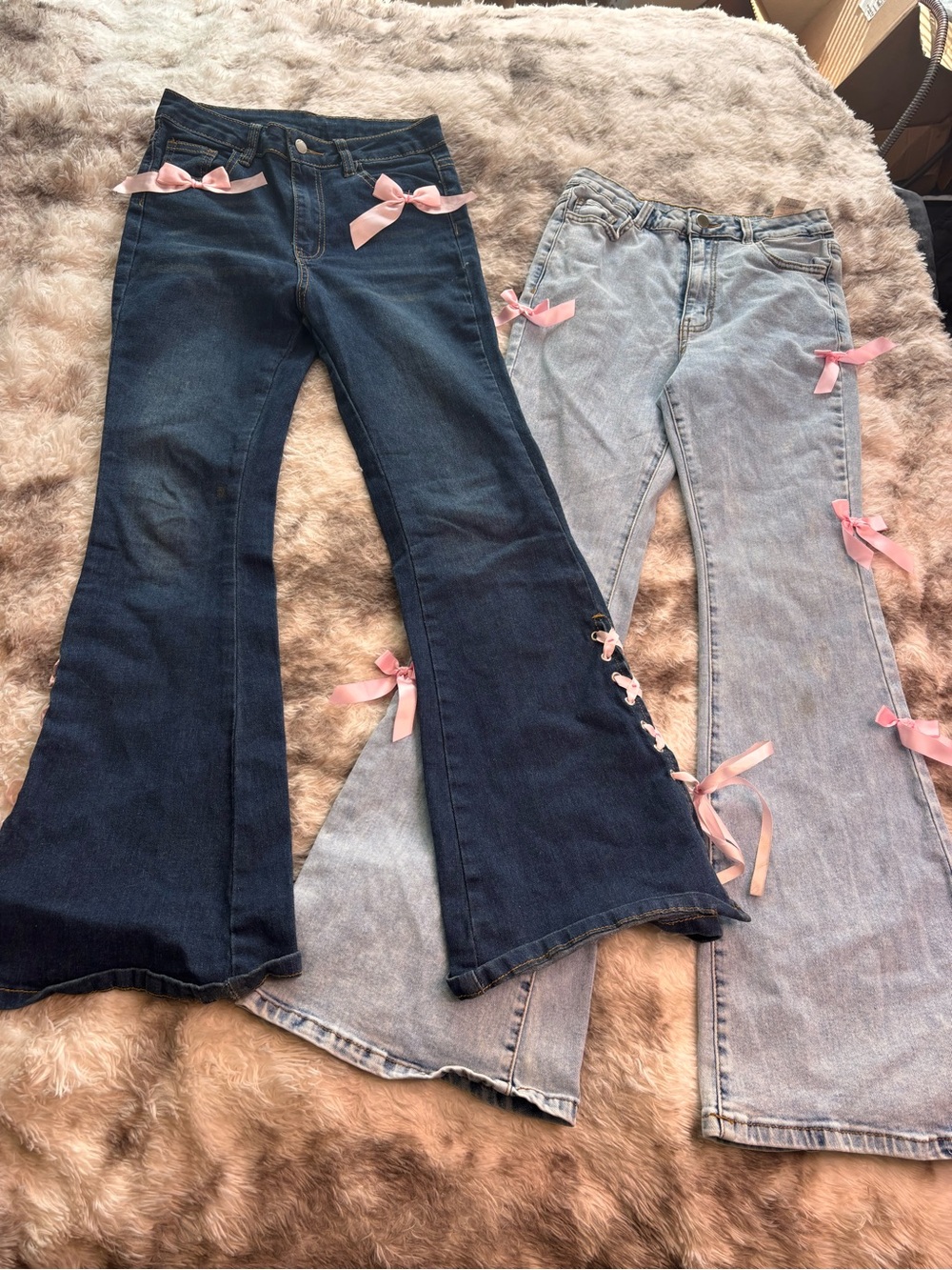 SHEIN Dark Blue & Light Blue Flared Jeans with Pink Ribbon Bows bundle